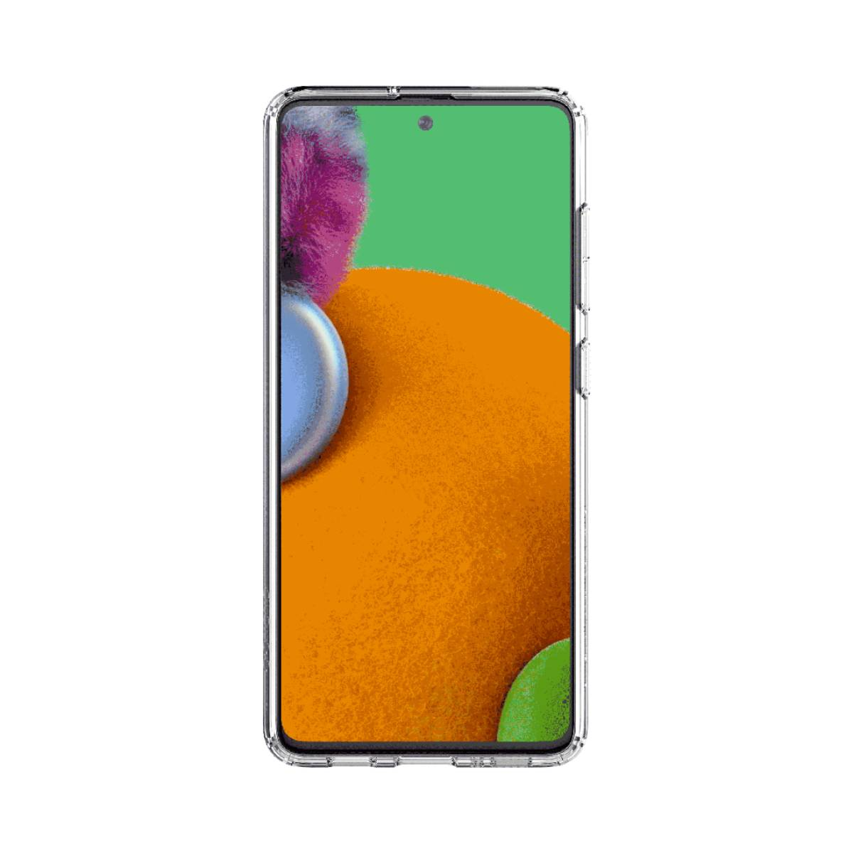 Telefono in una custodia trasparente. Lo schermo mostra un'opera d'arte astratta con colori arancione, verde e viola.
