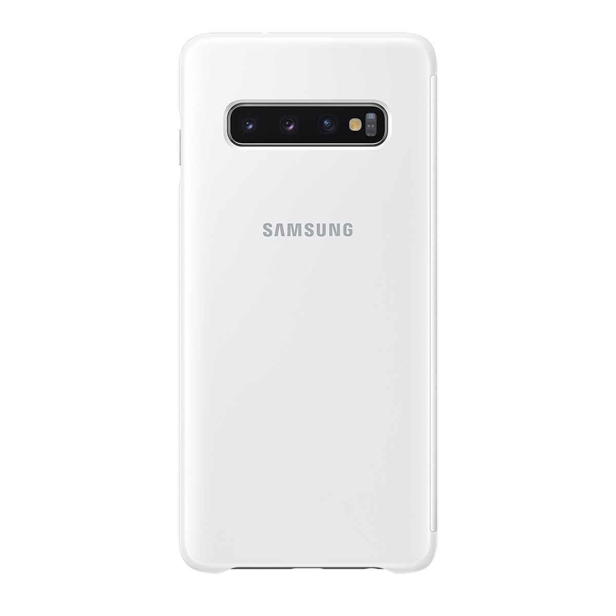 Retro del telefono bianco con logo Samsung. Il telefono ha un modulo fotocamera rettangolare con tre lenti.