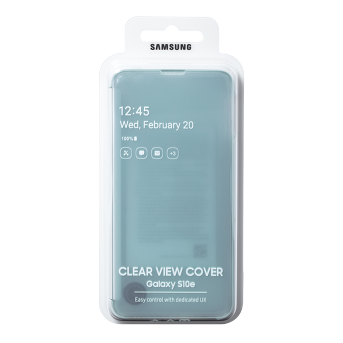 Scatola della cover trasparente. Schermo del telefono visibile, con ora e icone.