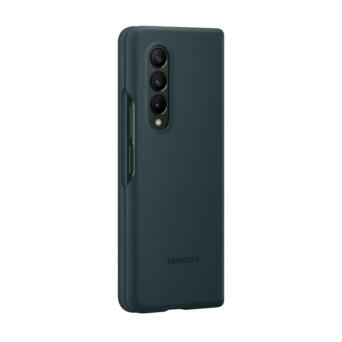 Funda de teléfono verde oscuro con triple cámara y logotipo SAMSUNG en la parte trasera.