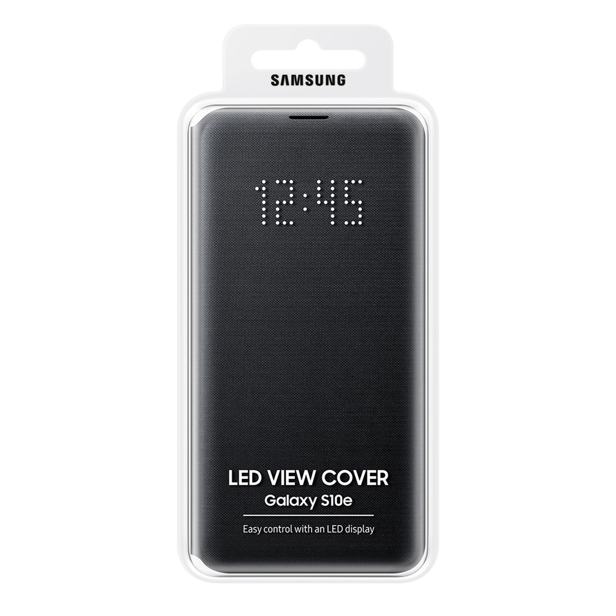 Czarne etui na telefon w opakowaniu z logo Samsung. Ekran pokazuje 12:45. Tekst: LED View Cover Galaxy S10e.