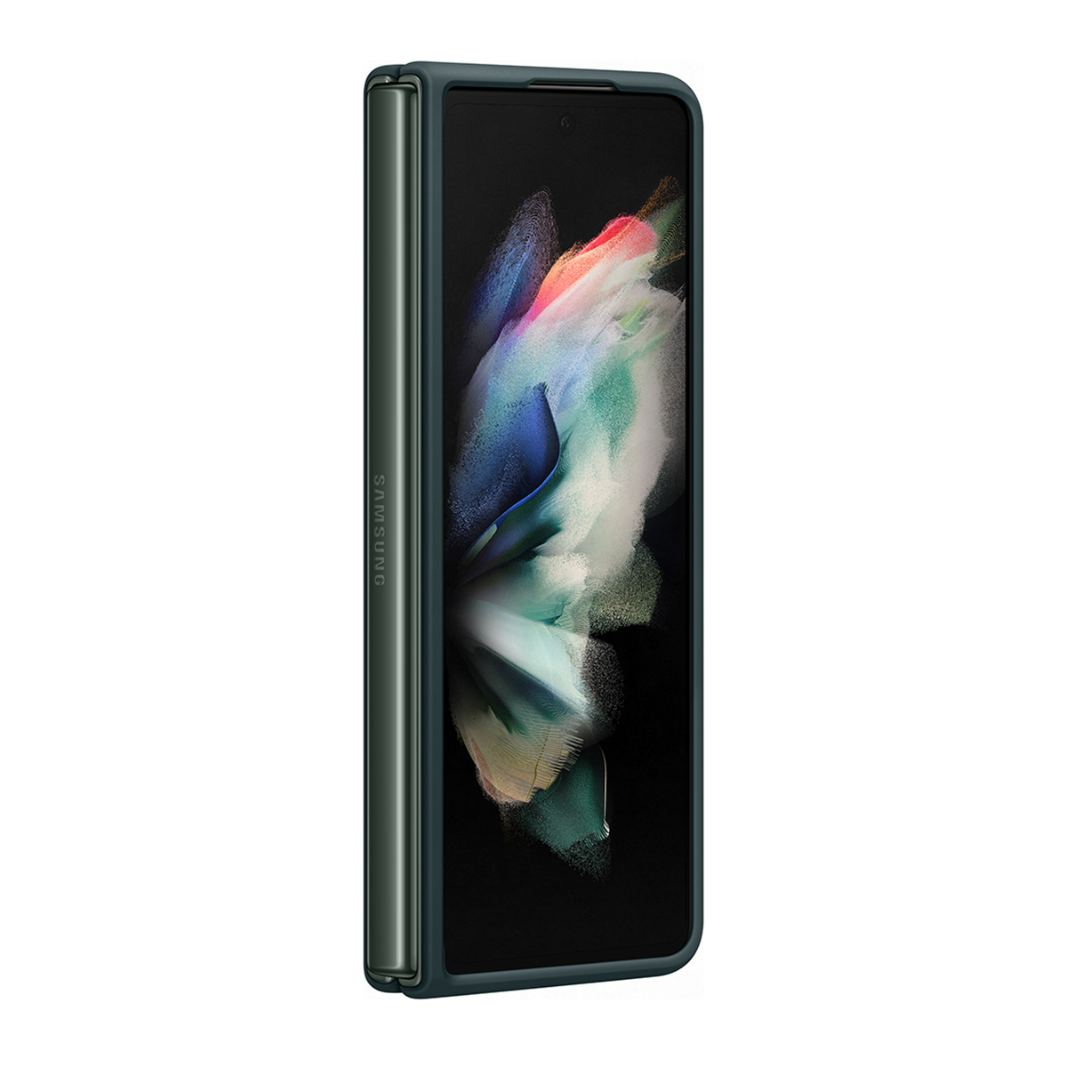 Funda de teléfono verde plegada. La marca Samsung es visible. El teléfono está plegado, mostrando una pantalla parcial.