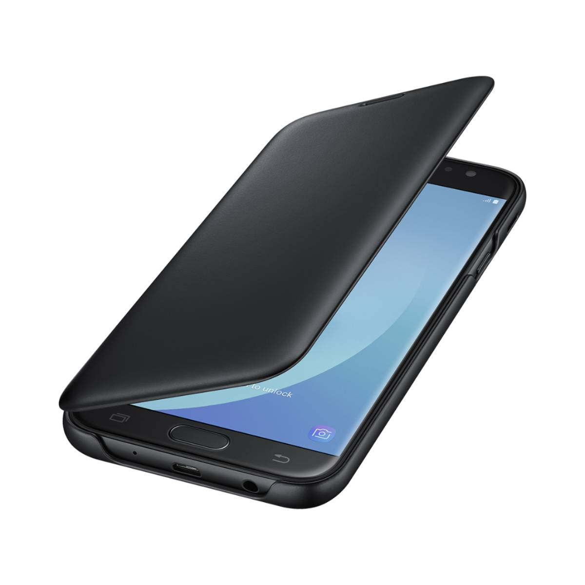 Schwarzes Telefon mit geöffneter Klapphülle. Der Bildschirm zeigt blauen Hintergrund.