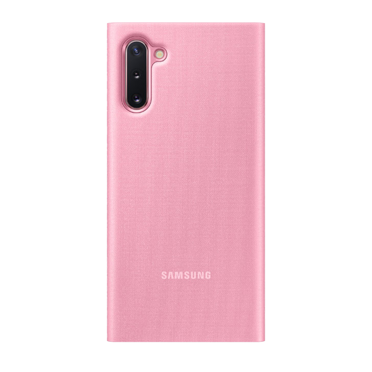 Rosa Handyhülle mit Samsung-Logo. Das Telefon hat ein Kameramodul und ein Loch für die Kameralinse.