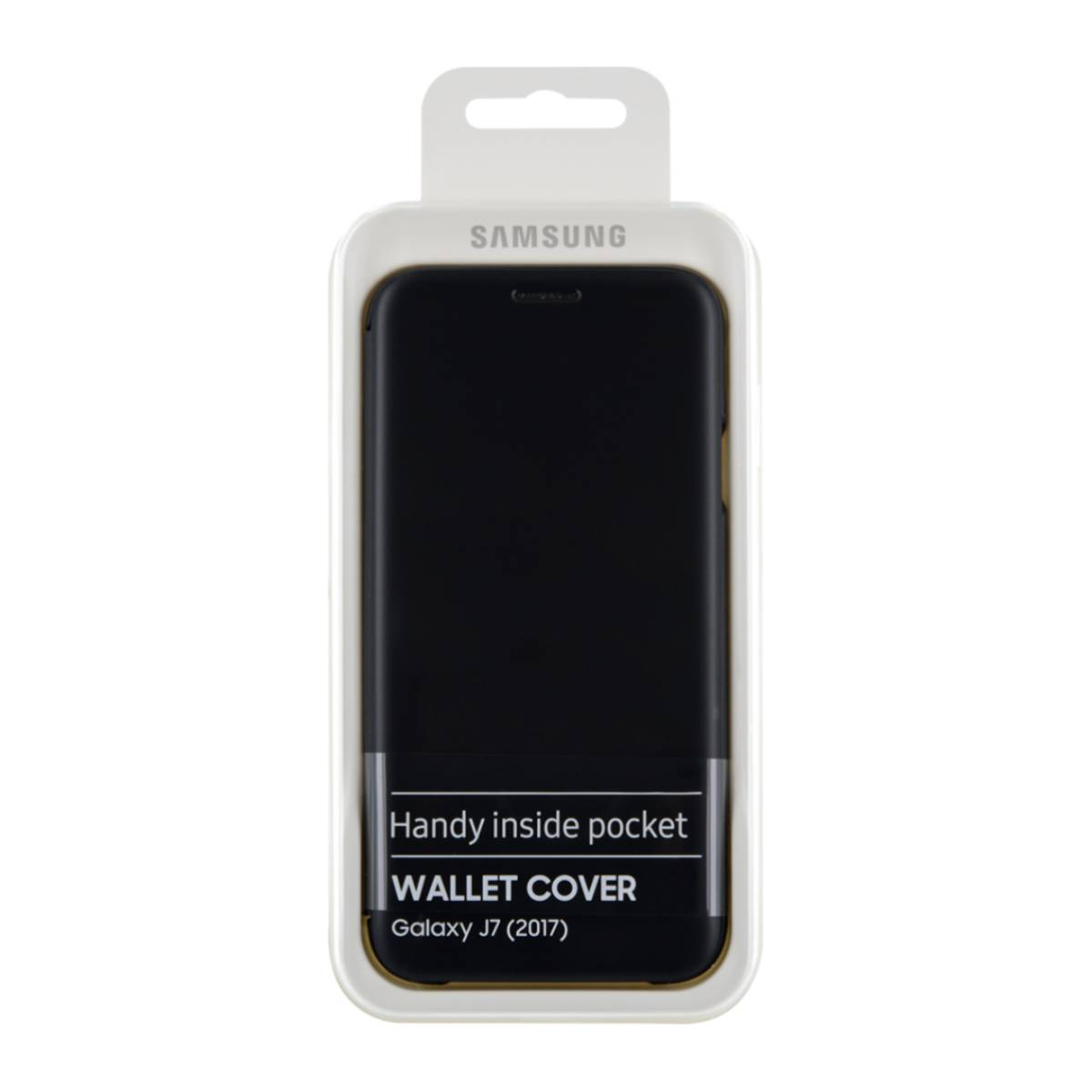 Handyhülle in einer Plastikbox. Zeigt eine schwarze Handyhülle mit Text: Wallet Cover.