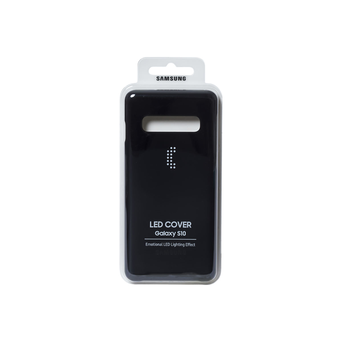 Boîte de protection LED noire. Montre l'avant avec motif LED et le logo SAMSUNG.