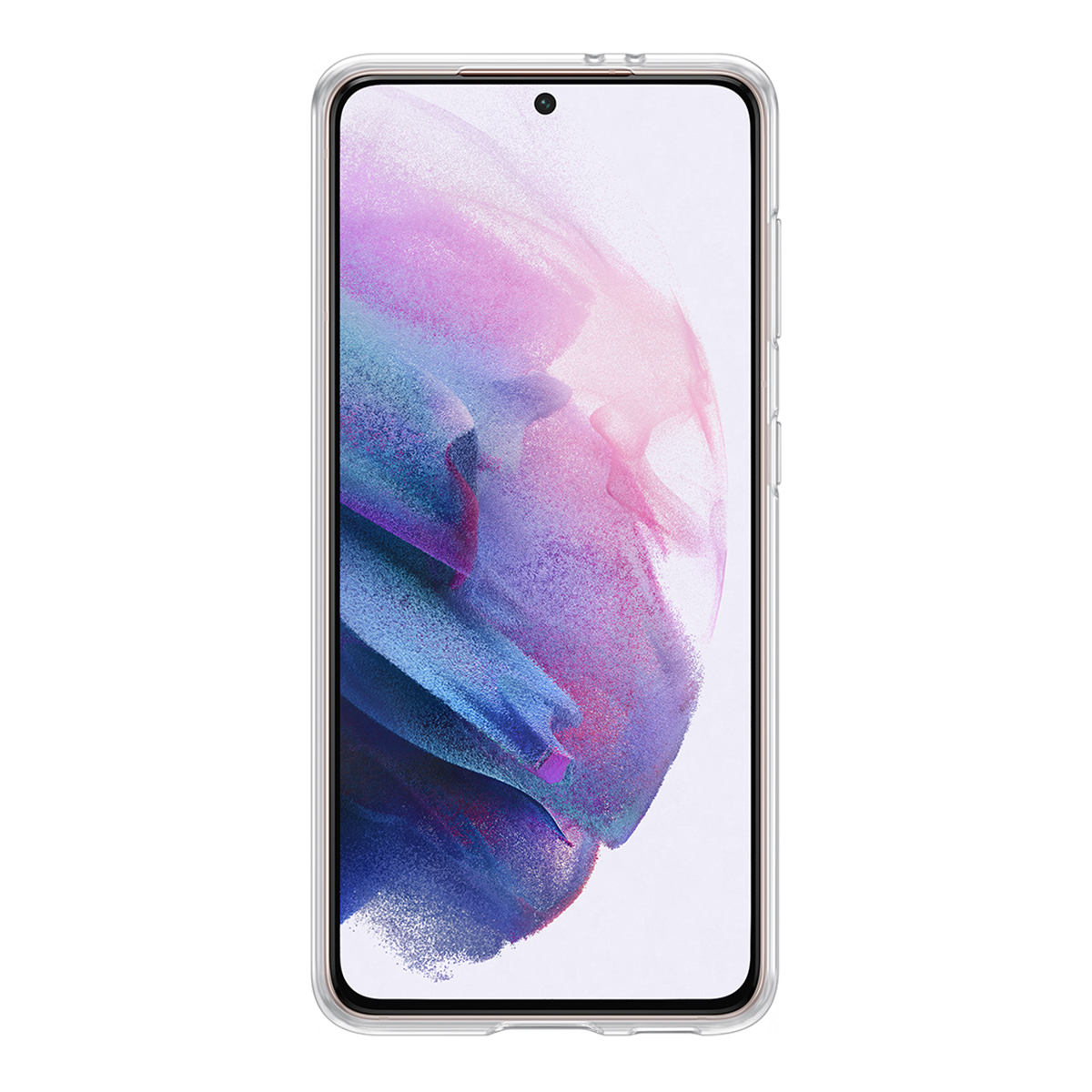 Téléphone dans une coque transparente. L'écran affiche une œuvre d'art abstraite avec des couleurs rose, violet et blanc.