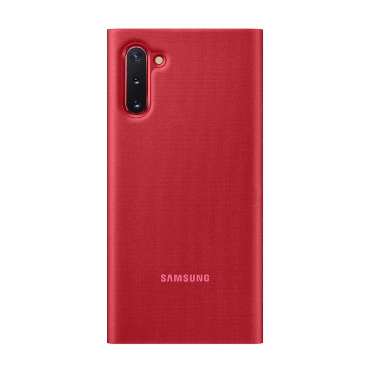 Funda de teléfono roja con cámara y logotipo SAMSUNG. La textura parece tela.