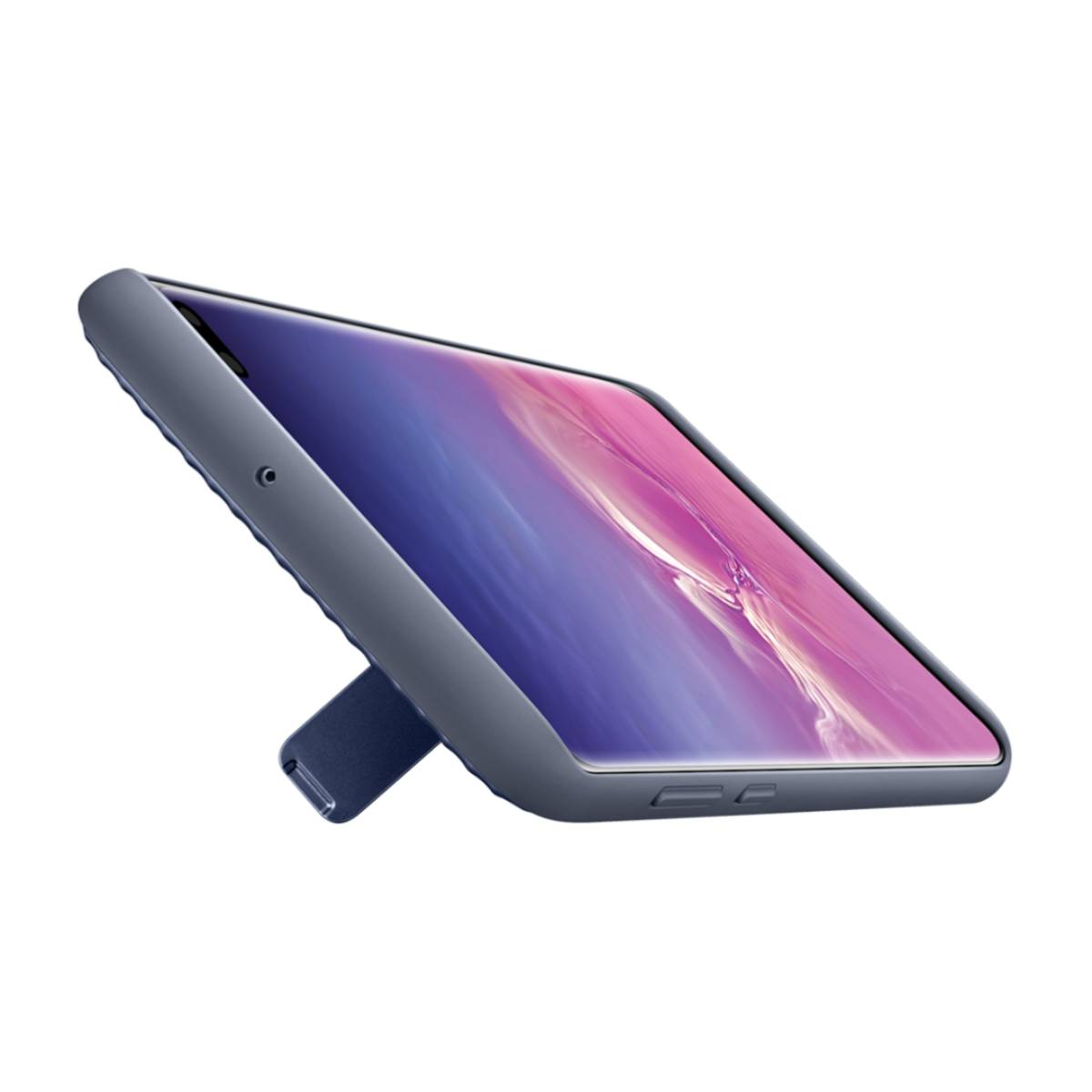 Telefoon in een marineblauwe hoes, opgezet. Het scherm toont een paarse en roze afbeelding.