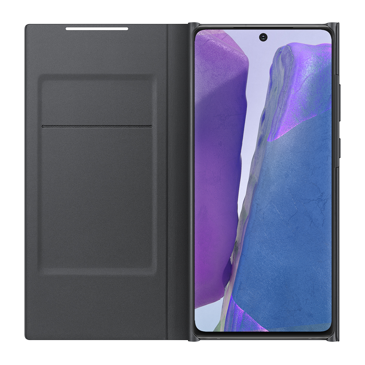 Czarne etui na telefon otwarte. Telefon z niebieskim i fioletowym ekranem. Etui ma gniazdo na karty po lewej stronie.