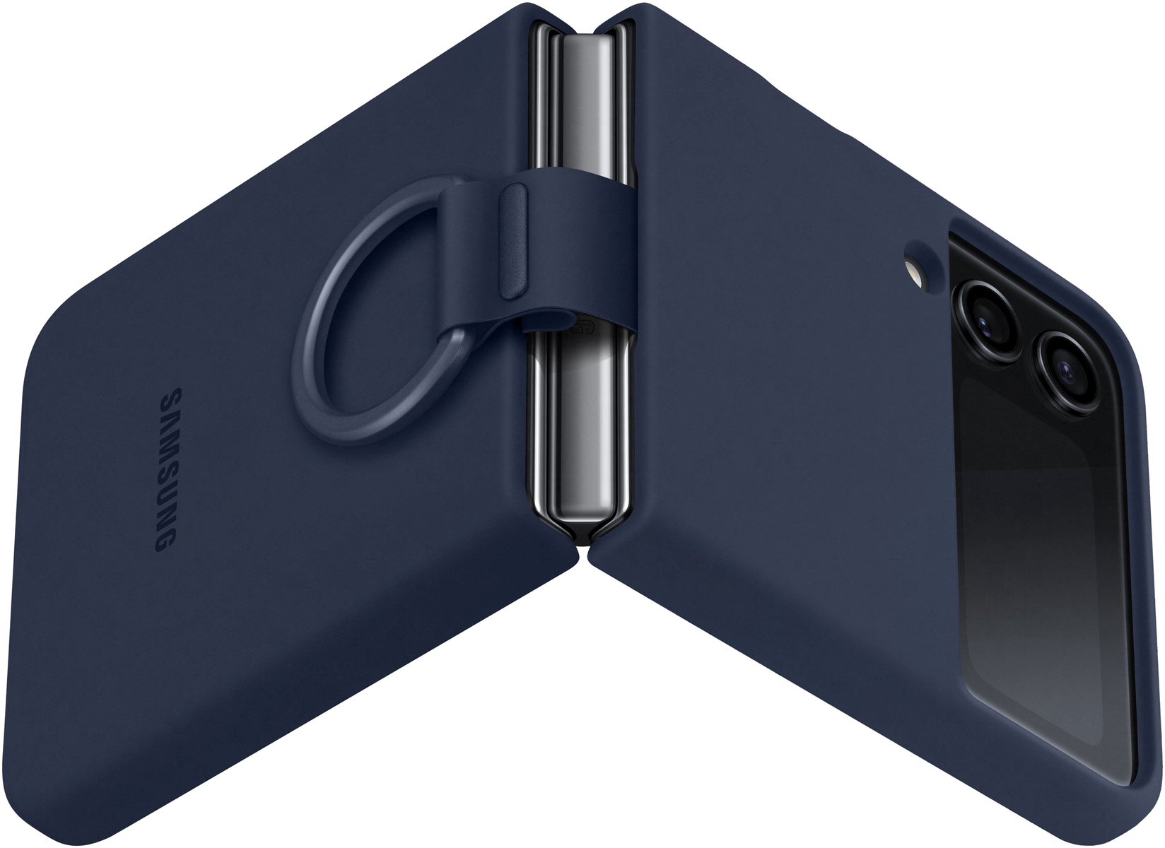 Marineblaue Handyhülle, aufgeklappt. Ein silbernes Scharnier und ein Ring sind sichtbar. Rückseite mit Samsung-Logo.