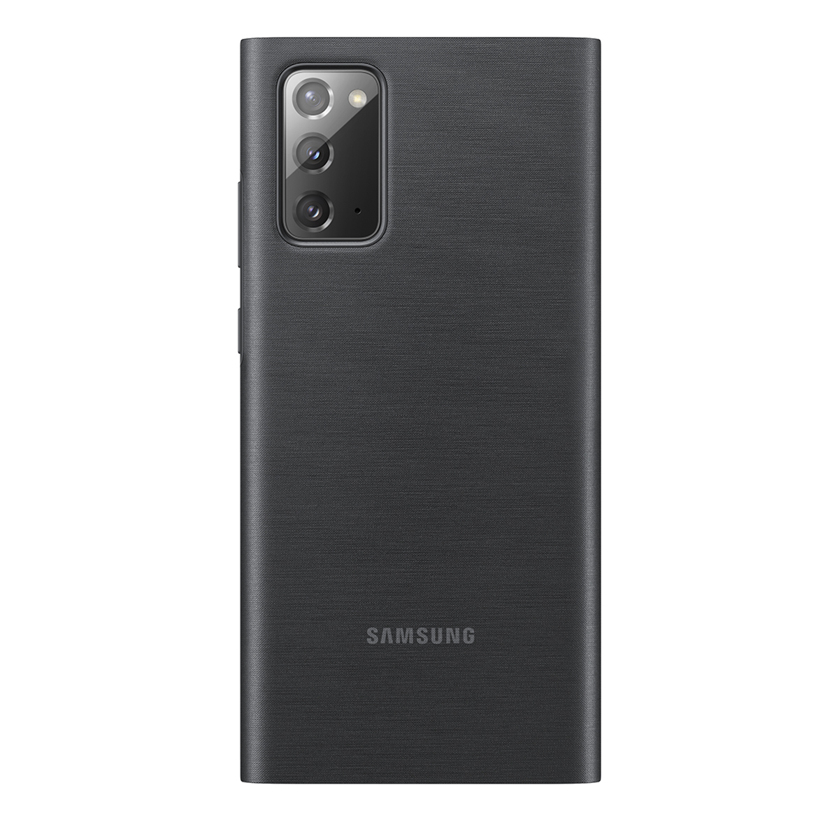 Czarne etui na telefon z aparatem i logo Samsung.