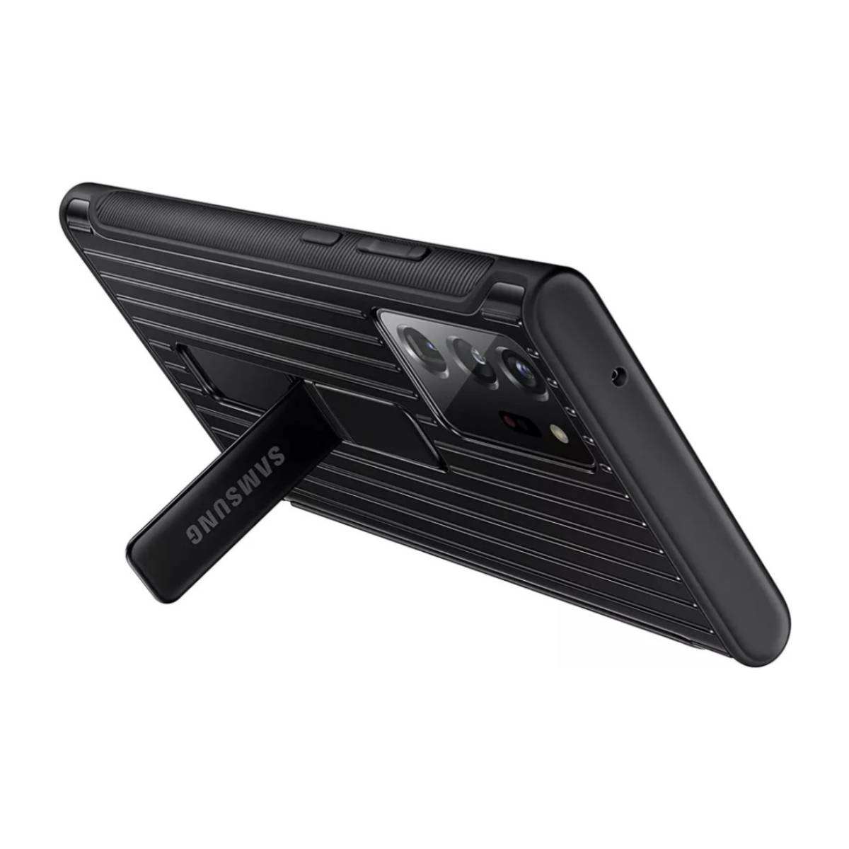 Zwarte telefoonhoes met een standaard. Samsung-merk is zichtbaar. De telefoon ligt op zijn kant.