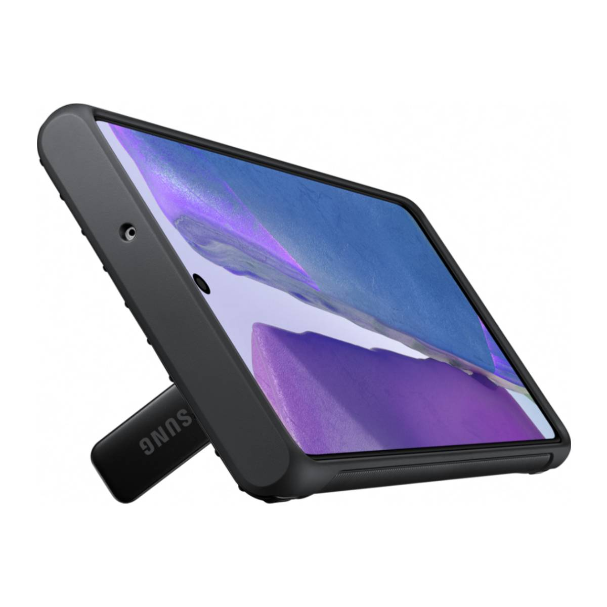 Een zwarte telefoonhoes met een standaard, licht gekanteld, die het scherm van de telefoon laat zien.