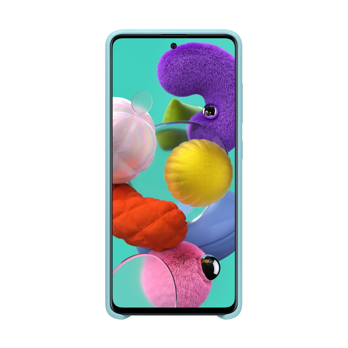 Telefoon met blauwe hoes met abstracte gekleurde vormen.