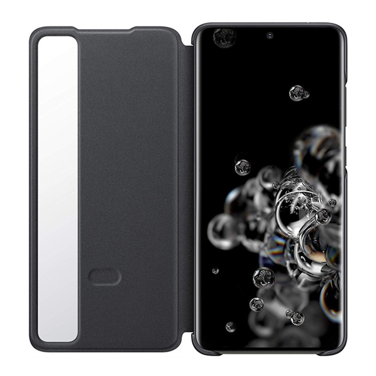 Czarne etui na telefon otwarte. Po lewej stronie lusterko, po prawej telefon z bąbelkami na ekranie.