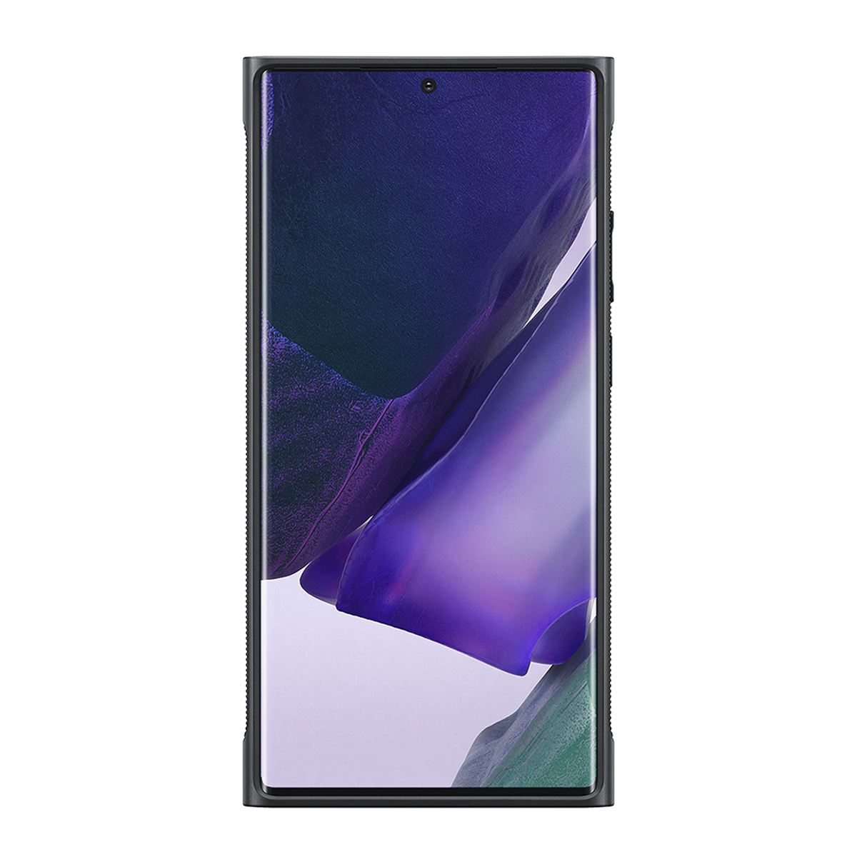 Smartphone con custodia nera, che mostra un design astratto viola e verde sullo schermo.