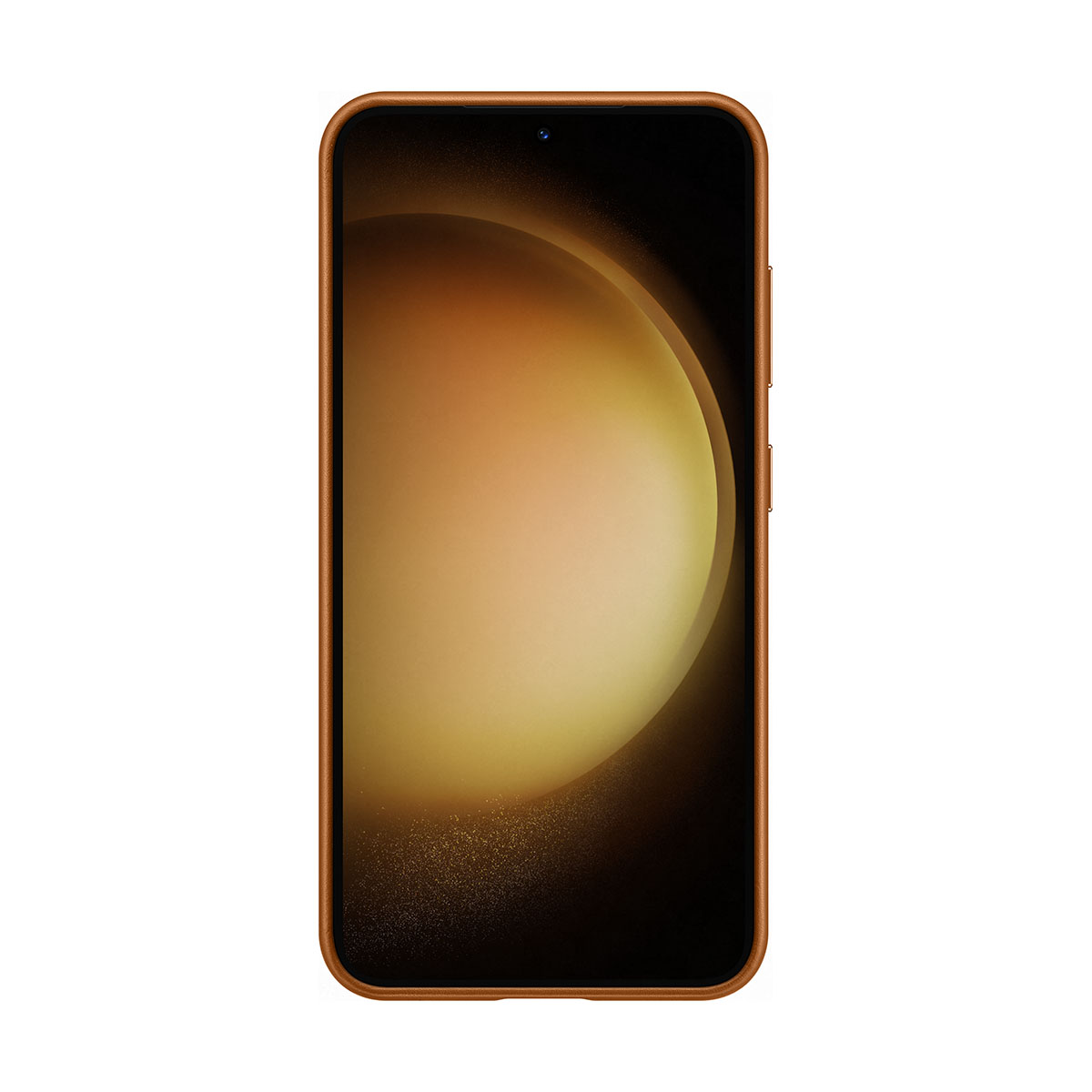 Telefon z brązową ramką i abstrakcyjnymi kształtami.