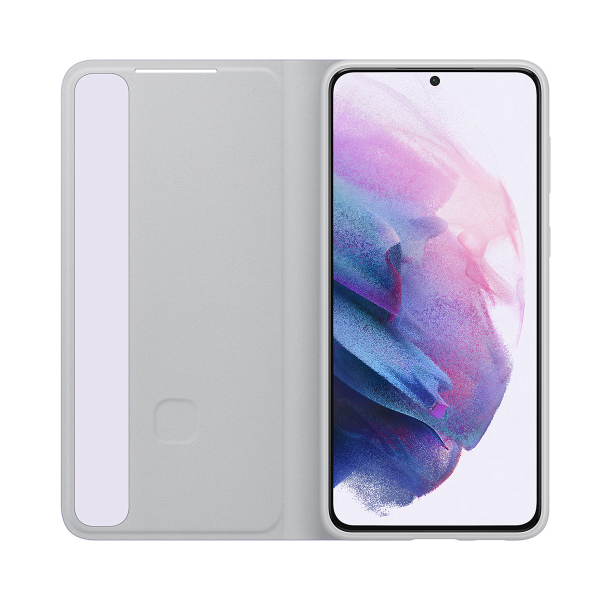 Custodia grigia con telefono all'interno, che mostra un design viola e rosa sullo schermo.