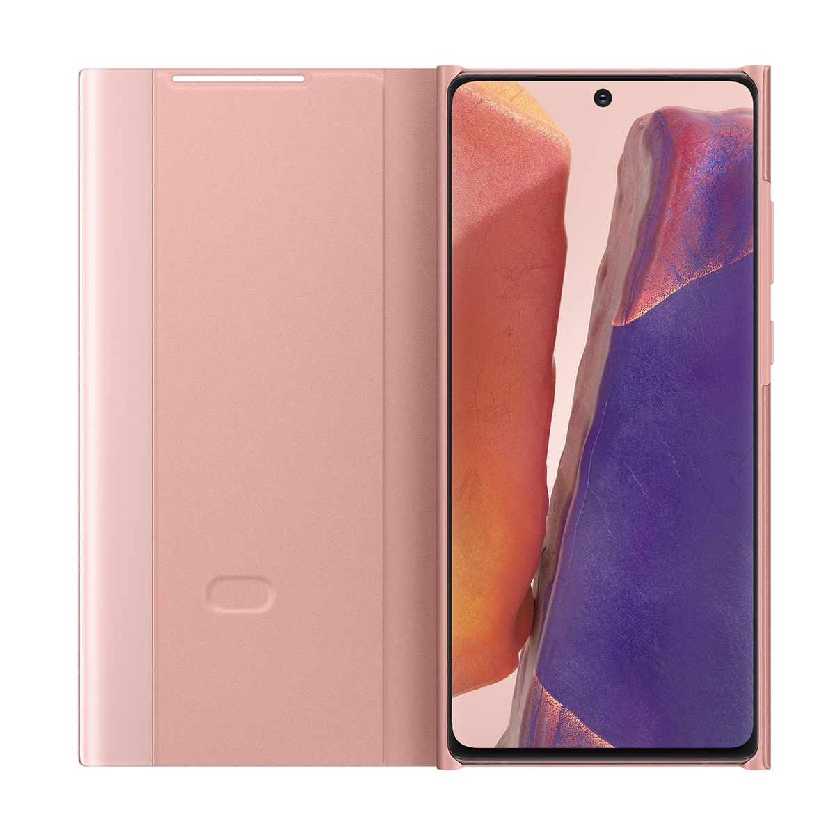 Eine rosa Handyhülle, die geöffnet wird, um ein Smartphone mit farbenfrohem Bildschirm zu enthüllen.