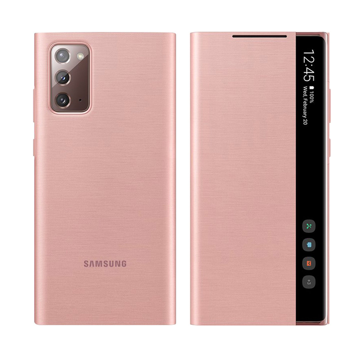 Eine rosa Handyhülle offen und geschlossen. Zeigt Samsung-Logo und Zeitanzeige.