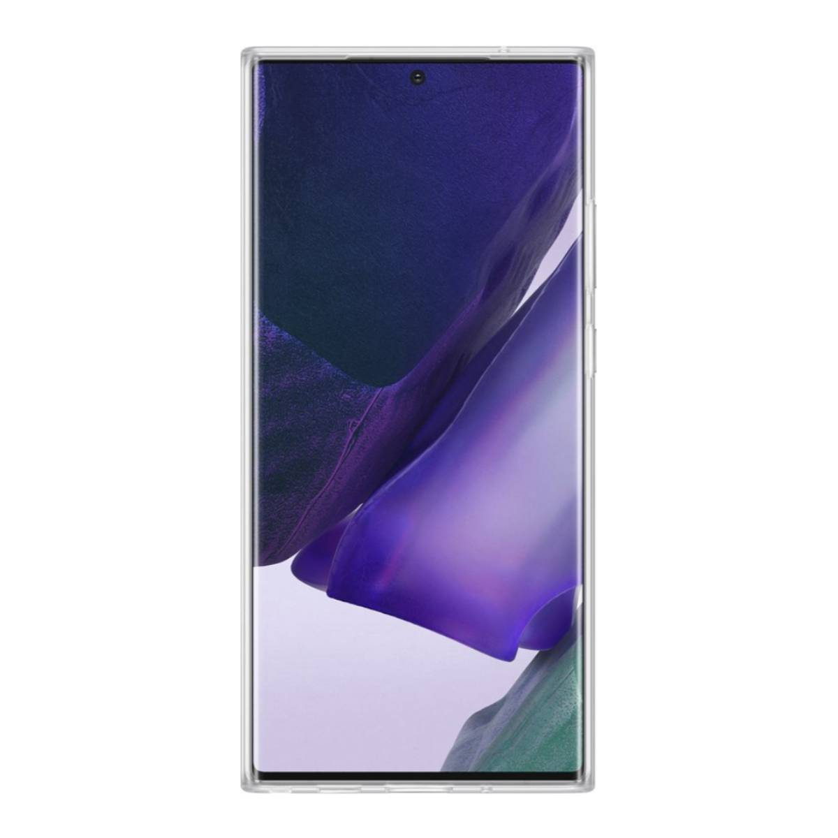 Smartphone con custodia trasparente, che mostra un design astratto viola e verde sullo schermo.