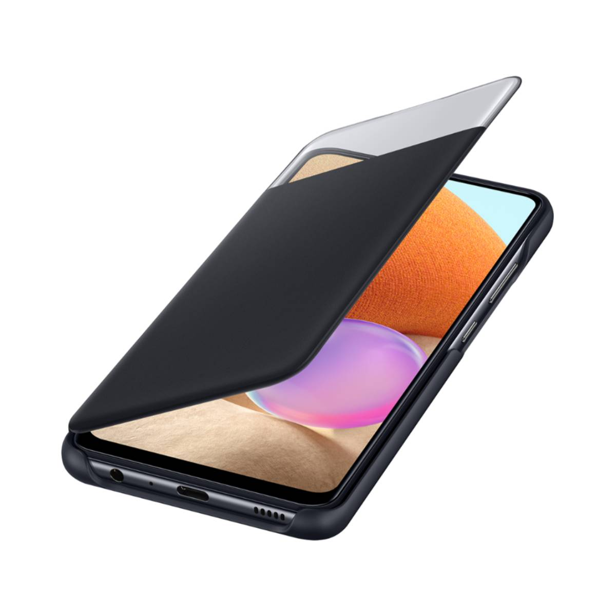 Schwarzes Telefon mit geöffneter Hülle, die abstrakte Formen zeigt.