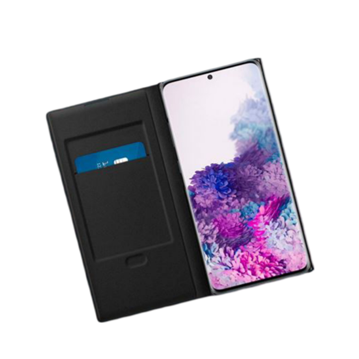 Czarne etui z kartą kredytową i telefon z kolorową sztuką abstrakcyjną.