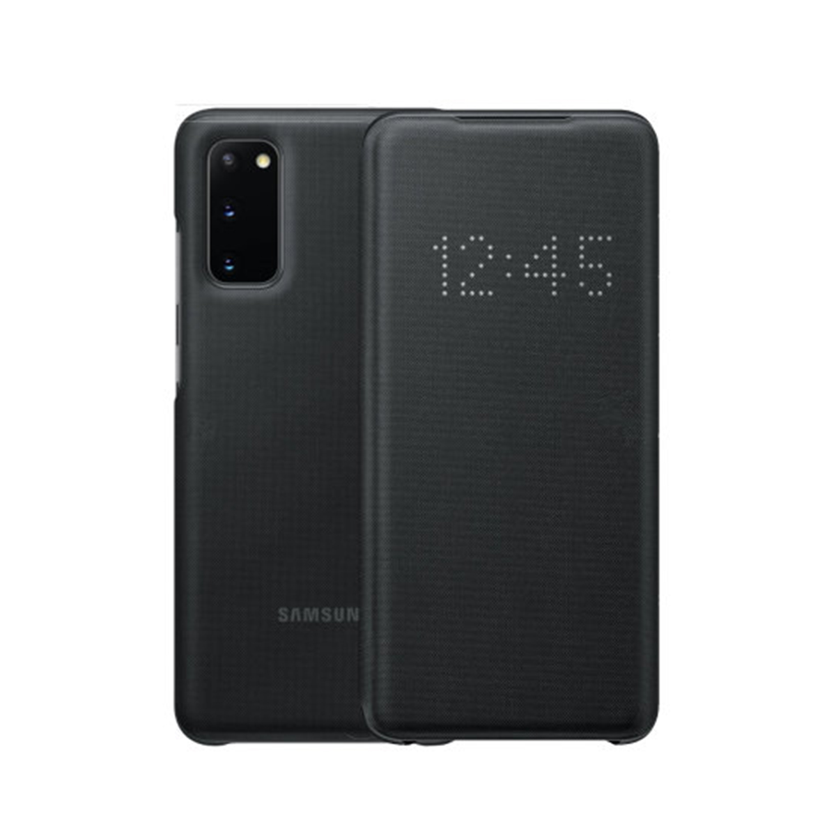 Czarne etui na telefon otwarte i zamknięte. Pokazuje logo i czas.