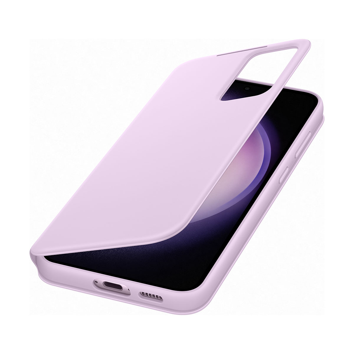 Hellrosa Handyhülle mit Handy im Inneren, das ein lilafarbenes Design zeigt.