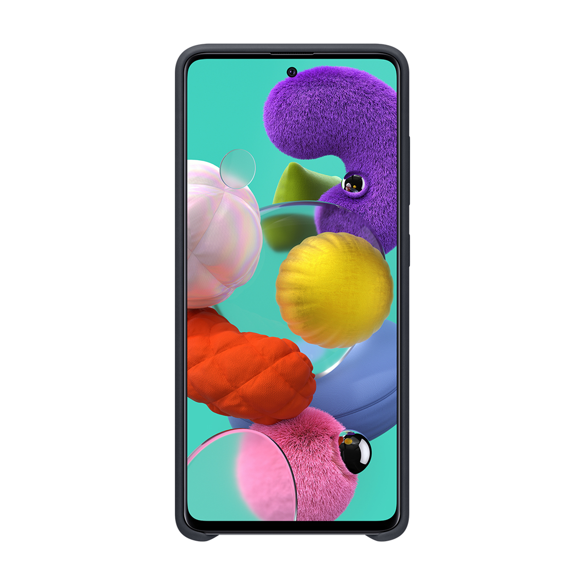 Ein Smartphone zeigt bunte, abstrakte Formen. Schwarzer Rahmen.