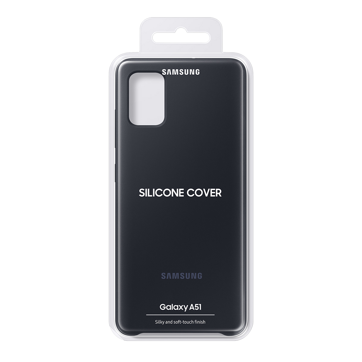 Schwarze Silikon-Handyhülle in klarer Kunststoffverpackung mit Samsung-Logo.