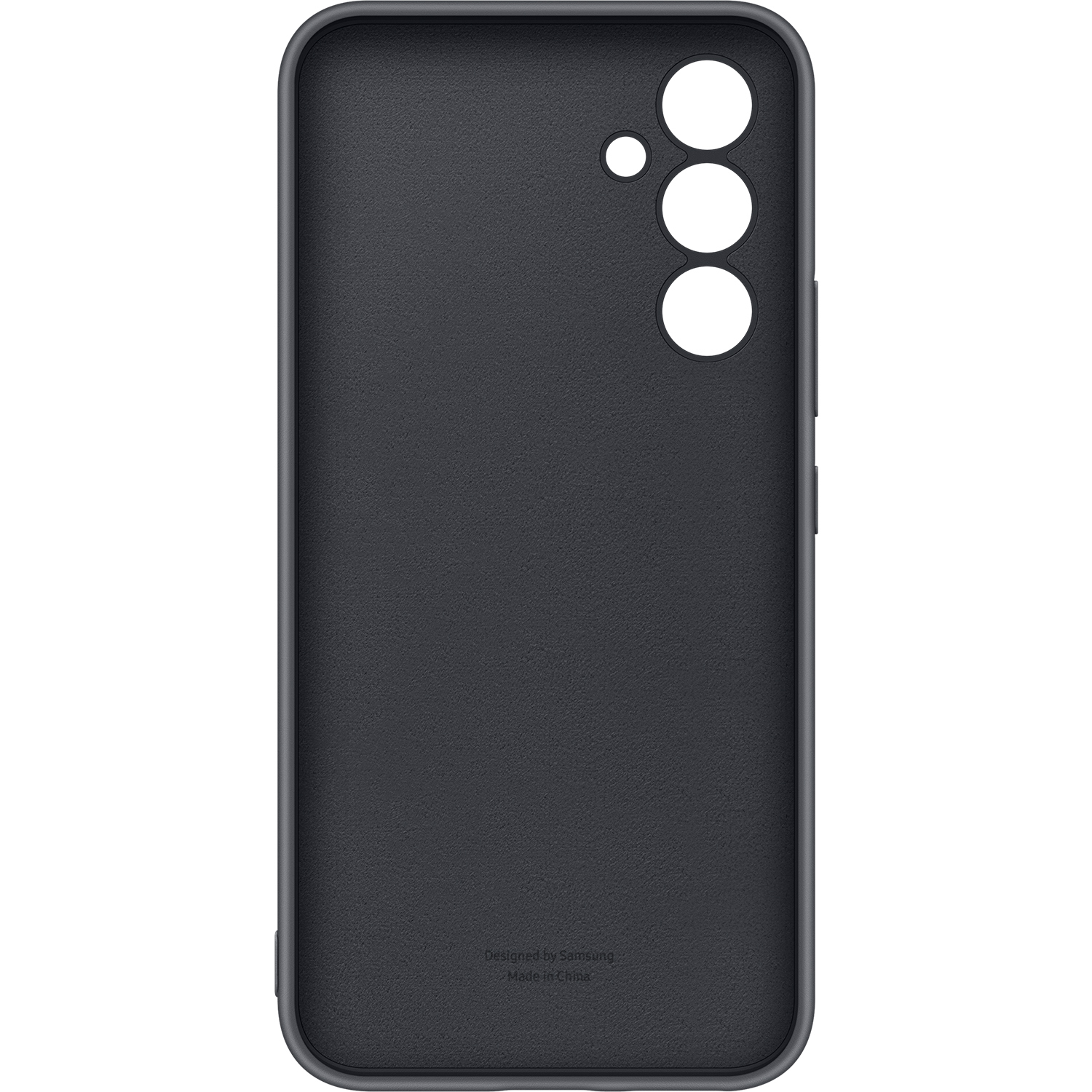 Custodia grigio scuro con tre fori per la fotocamera e la scritta 'Designed by Samsung'.