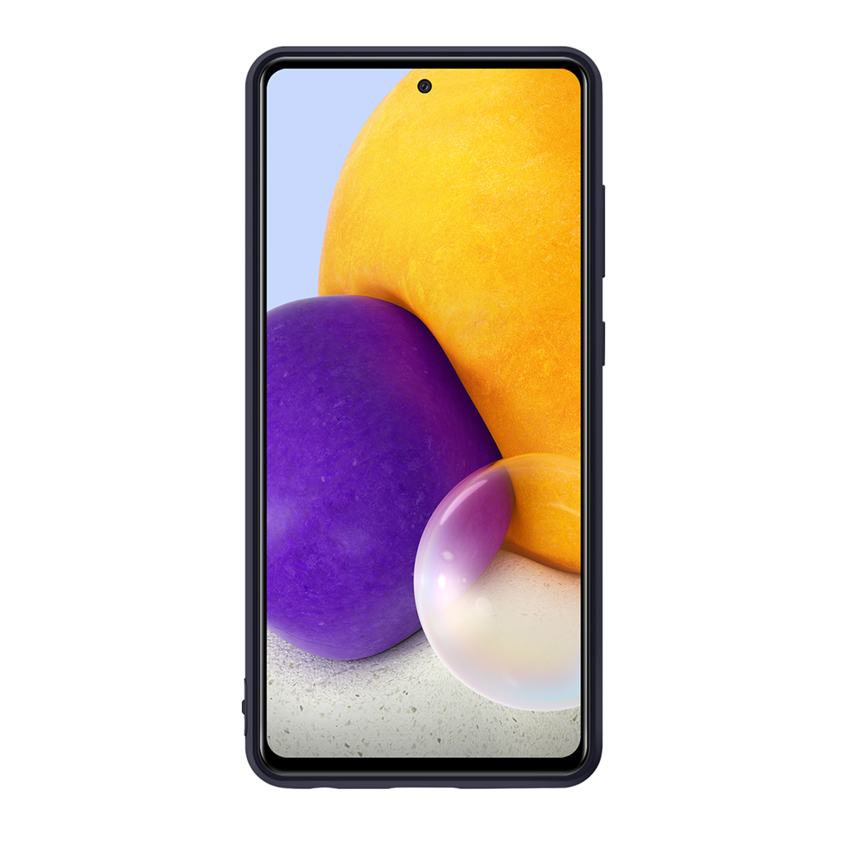 Smartphone mit gelb-orangem abstraktem Design und blauem Hintergrund.