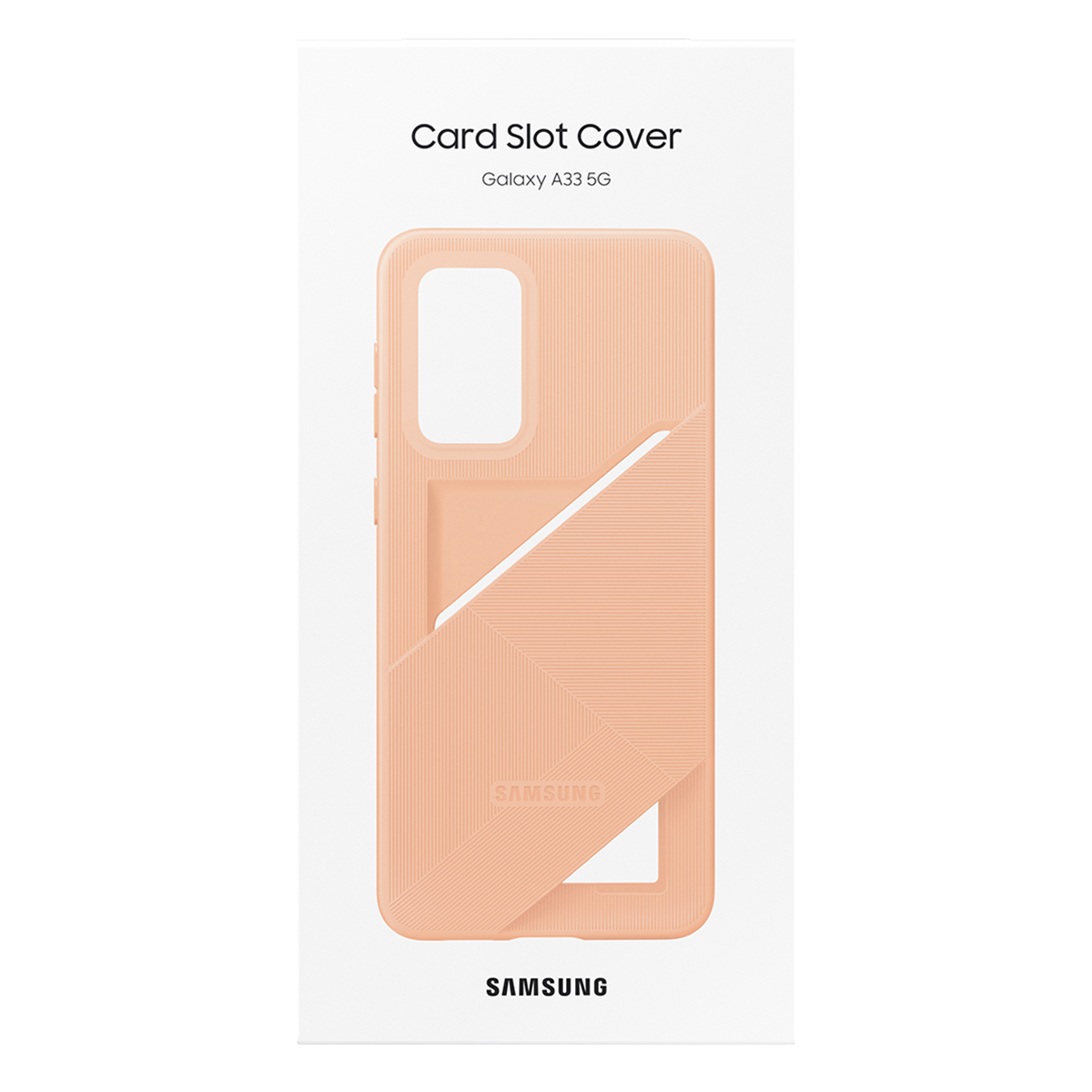 Funda para teléfono color melocotón en embalaje. Muestra logo Samsung.