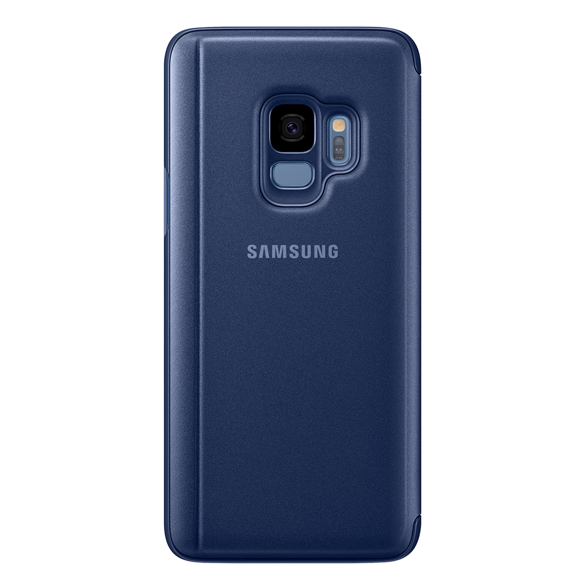 Funda de teléfono azul, abierta, mostrando la cámara del teléfono en fondo blanco.