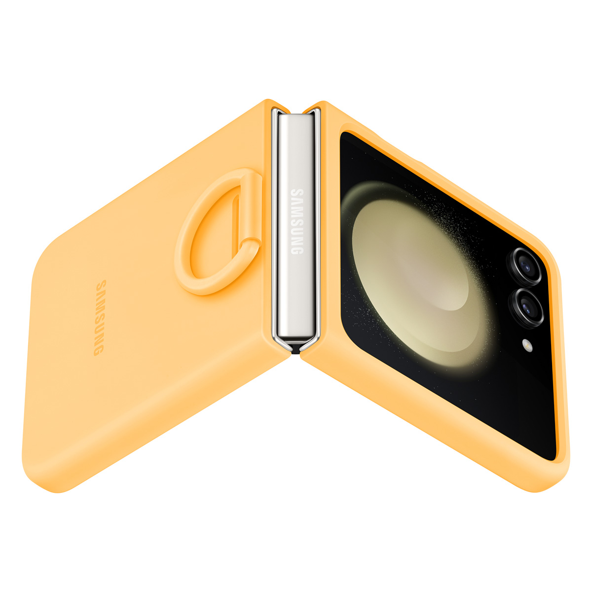 Orangefarbene Handyhülle offen. Zeigt das Telefon. Samsung-Logo.