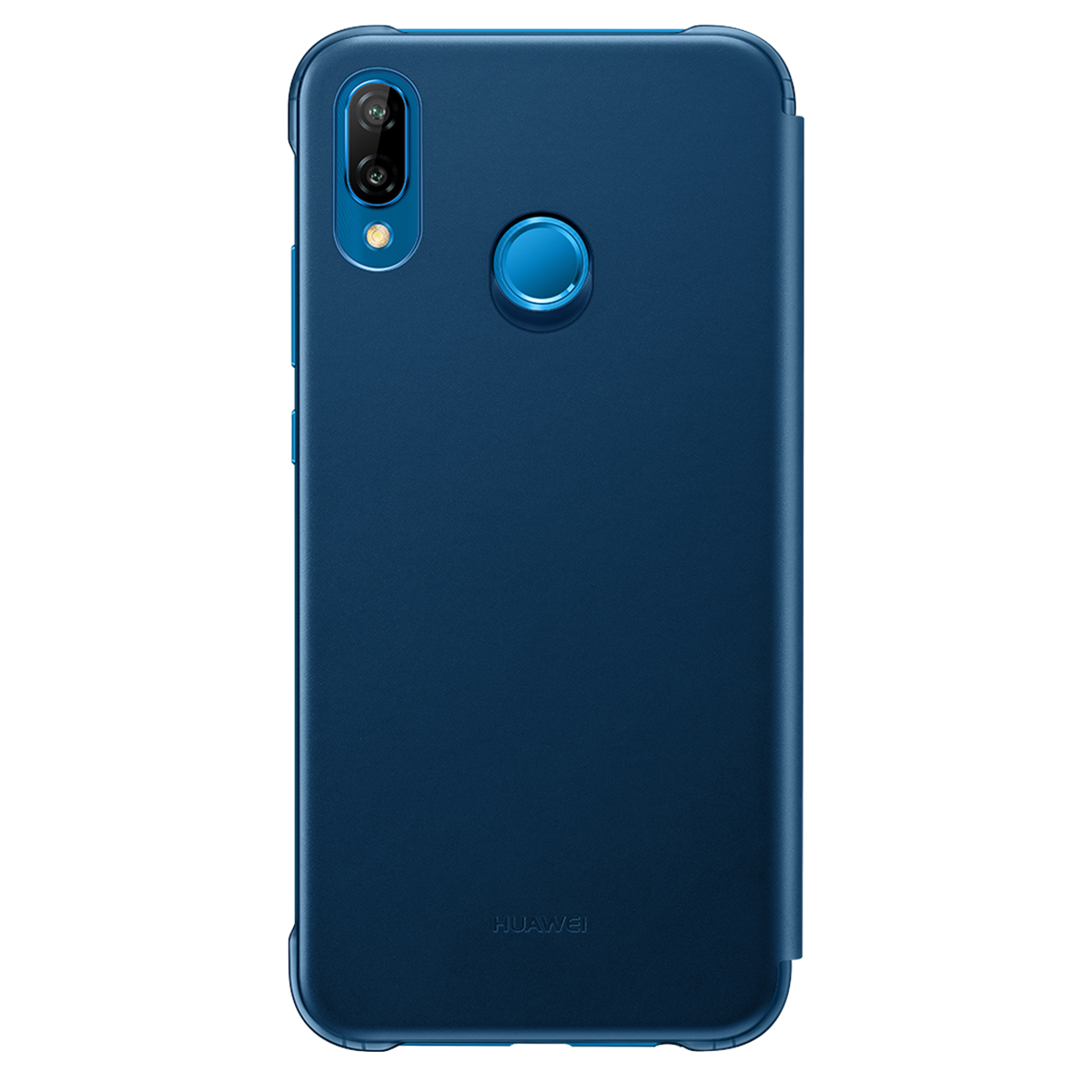 Una custodia blu per telefono con fotocamera e sensore di impronte.
