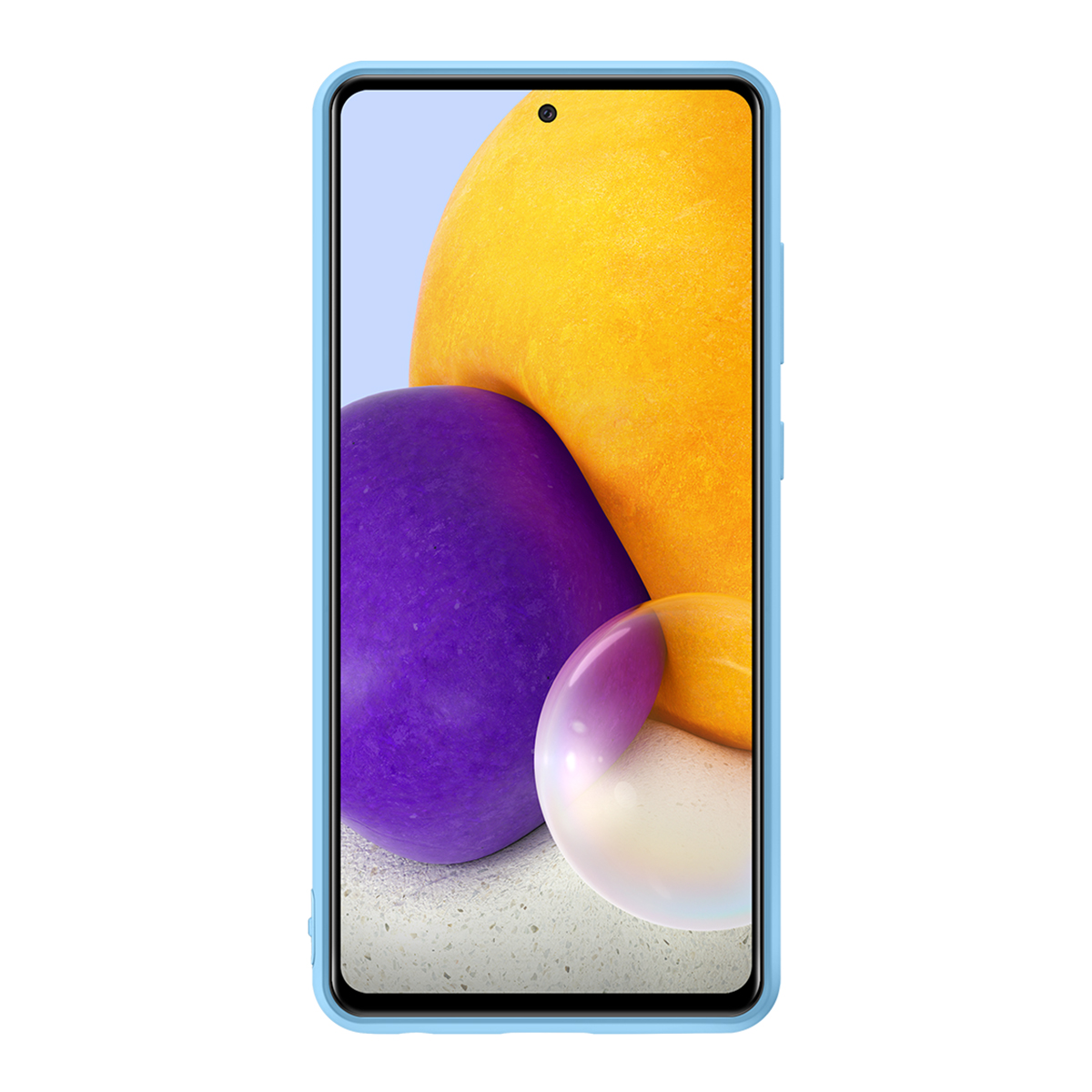 Telefono in una custodia azzurra, con sfondo astratto colorato.
