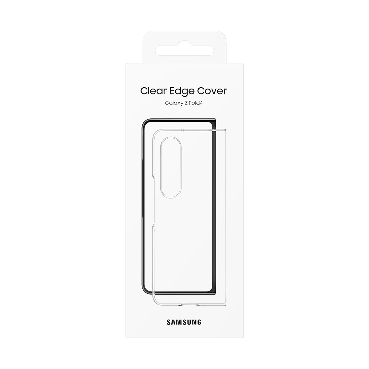 Transparante telefoonhoes in een witte doos, merknaam Samsung.
