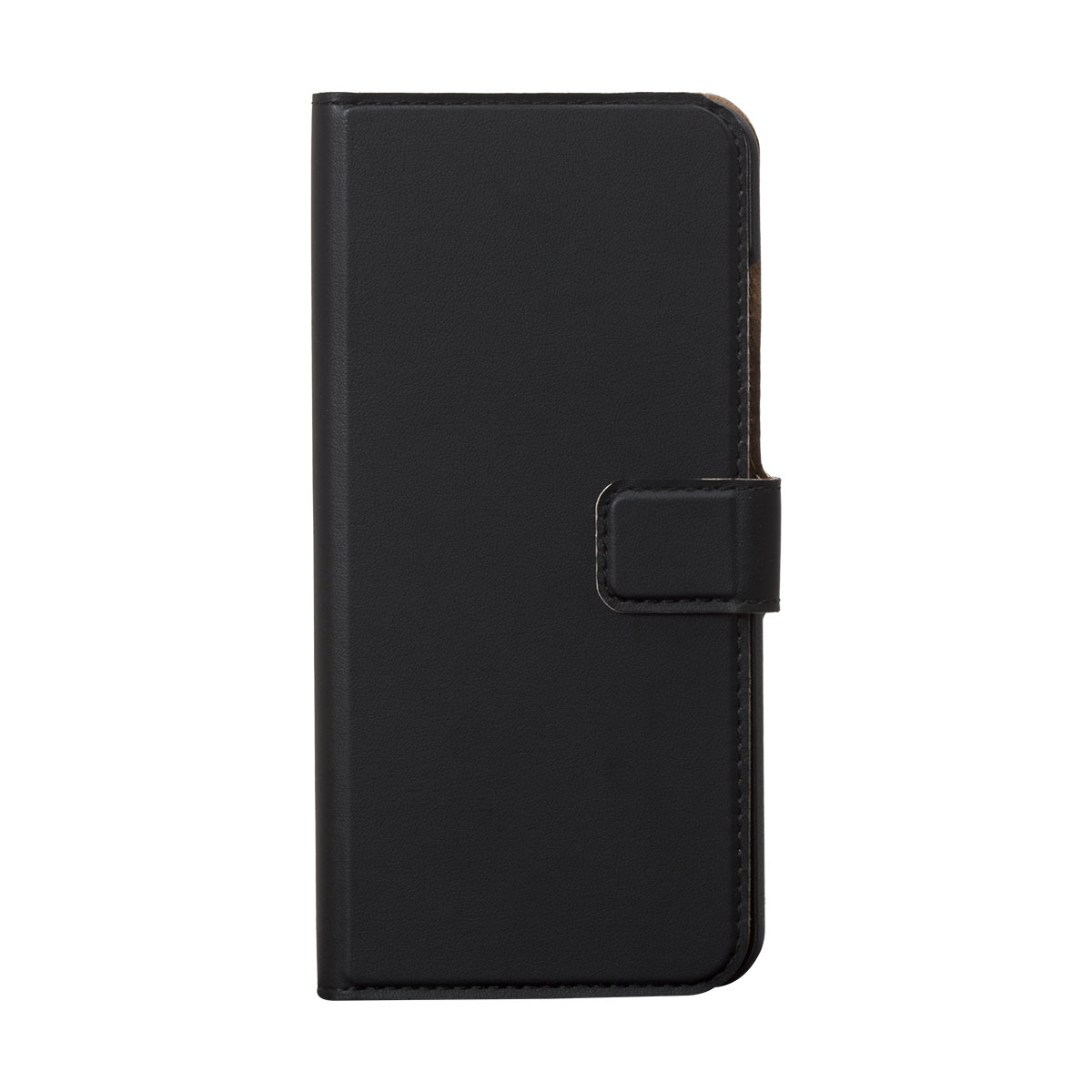 Custodia per telefono nera, chiusa, con chiusura magnetica.