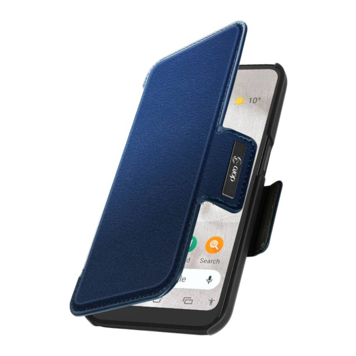 Blaue Handyhülle, geöffnet, zeigt den Telefonbildschirm.