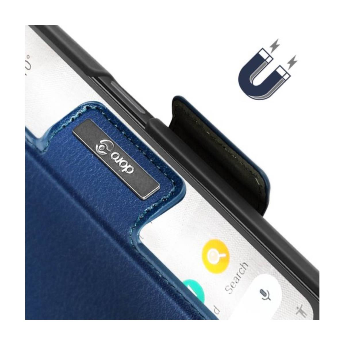 Handyhülle mit blauem Deckel, mit Magnet-Symbol oben.