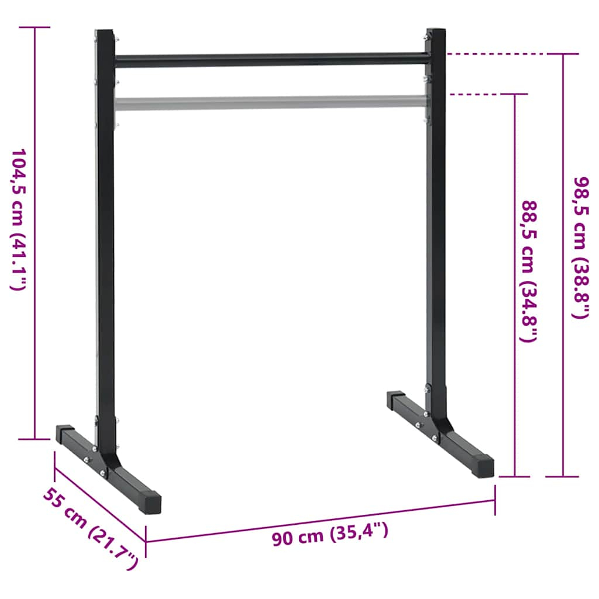 Un portant en métal noir. Il comporte deux supports verticaux et une barre horizontale avec des mesures.