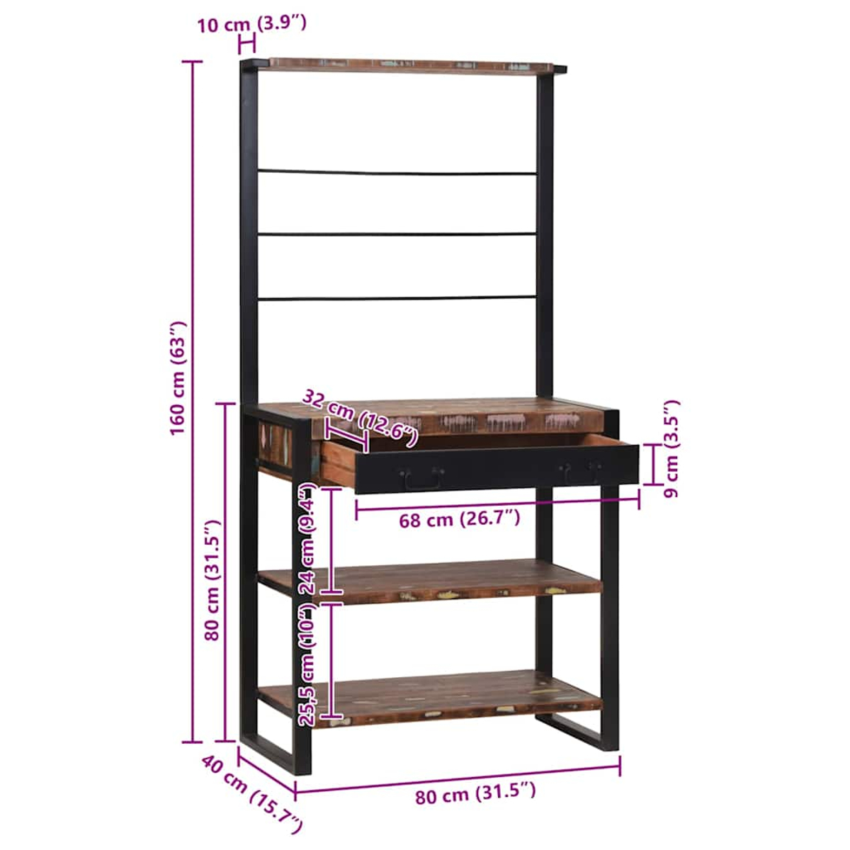 Regal aus Holz und schwarzem Metall. Es hat Regale, eine Schublade und ein Metallgestell. Maße sind angegeben.