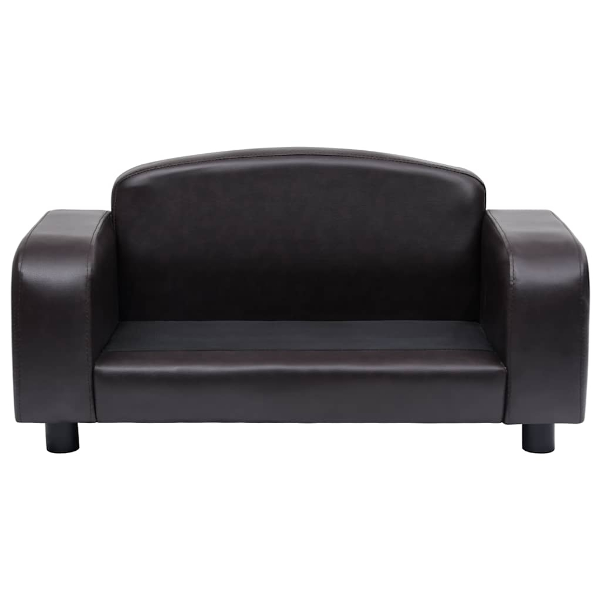 Ein kleines, dunkelbraunes Sofa mit geschwungener Rückenlehne und abgerundeten Armlehnen. Es steht auf schwarzen Beinen.