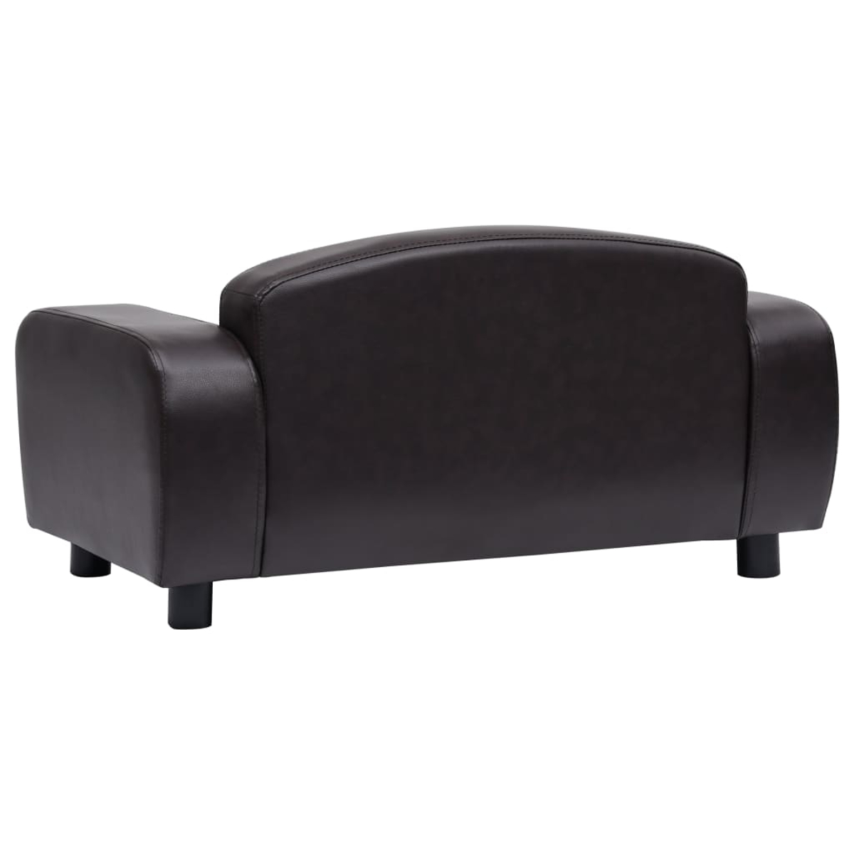 Ein dunkelbraunes Sofa. Die Rückenlehne und Armlehnen sind gebogen. Es hat schwarze Beine und ein schlichtes Design.