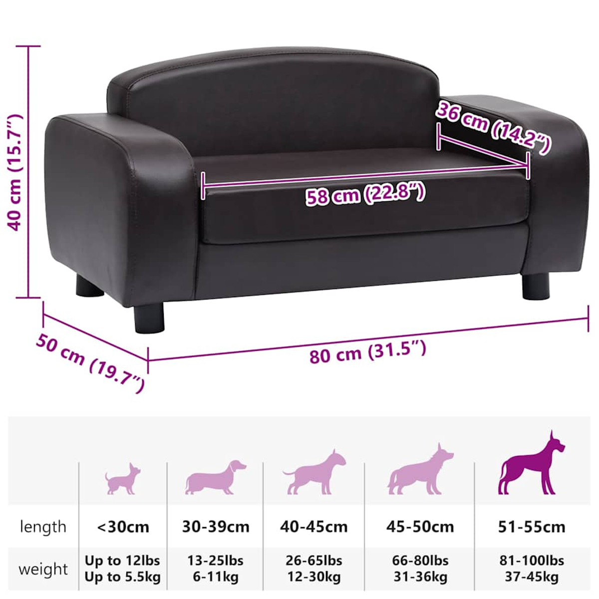 Braunes Ledersofa mit Maßen. Es hat zwei Sitze, eine geschwungene Rückenlehne und schwarze Beine. Skala für Hundegrößen.