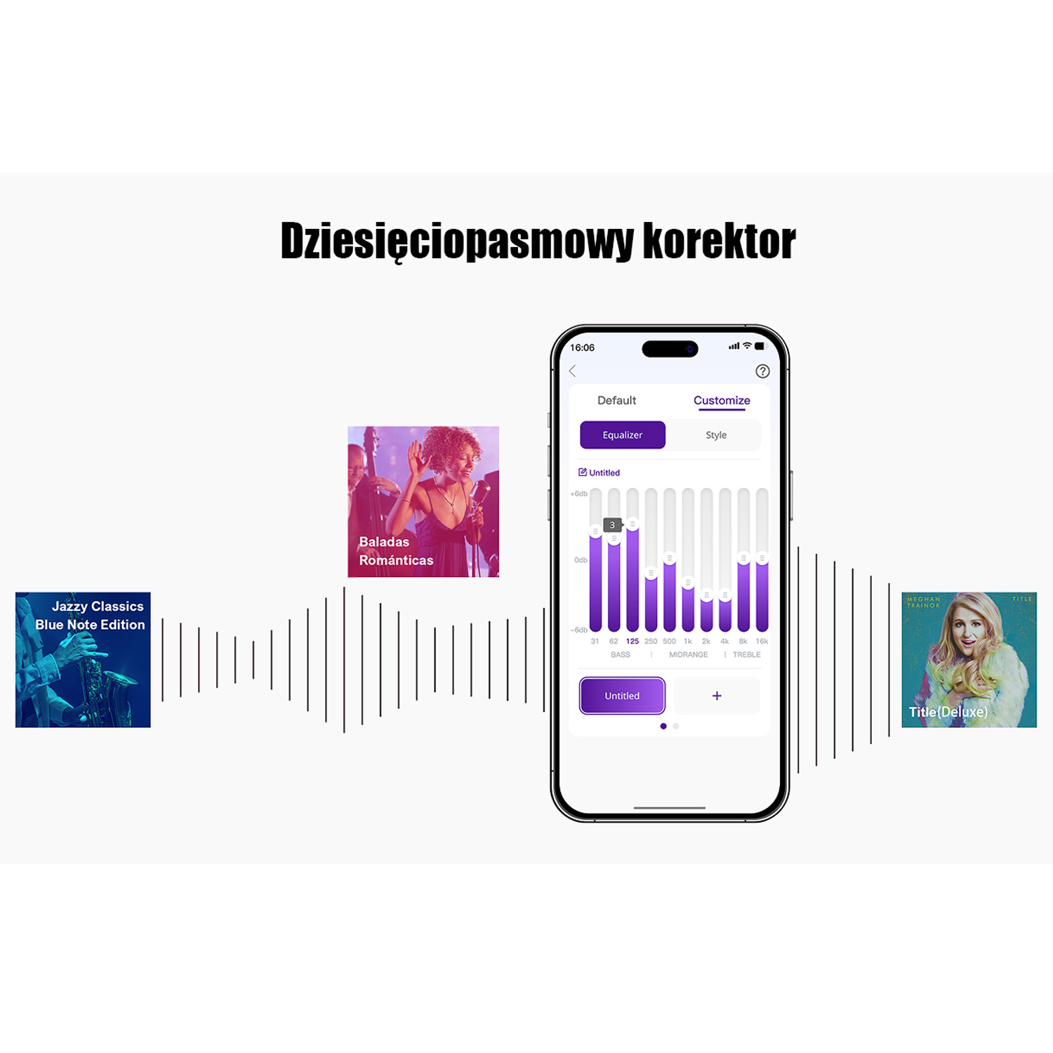 Smartfon z aplikacją equalizera. Po obu stronach znajdują się okładki albumów.