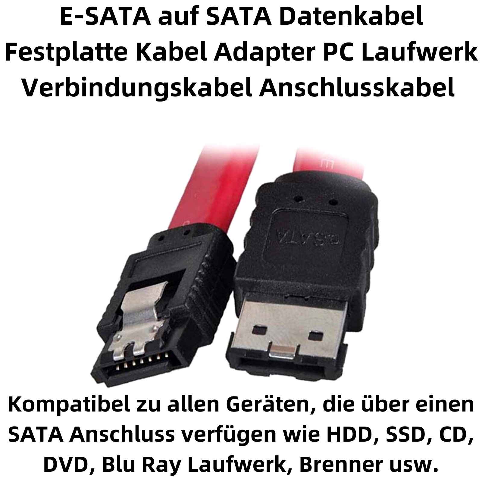 Bild zeigt schwarze SATA-Anschlüsse mit deutschem Text. Kabel sind rot und schwarz.